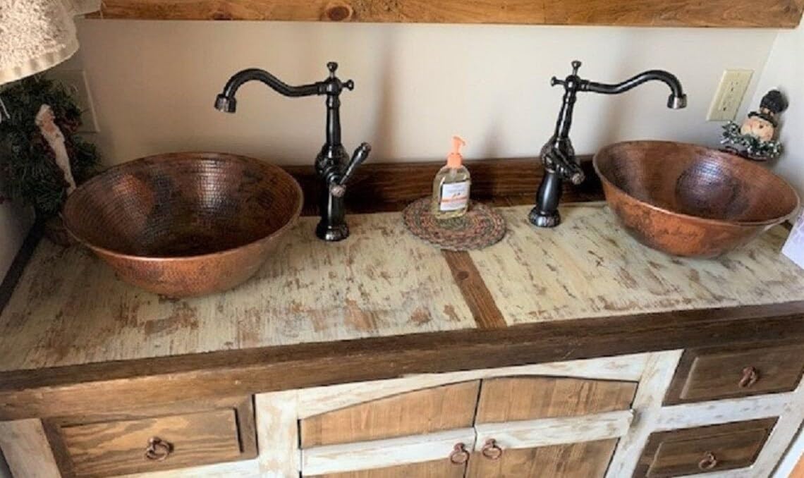 Simply Copper 14" Round Copper Vessel Countertop Sink in Natural Patina with Daisy Drain and 13" ORB Clayborne Vessel Filler Faucet