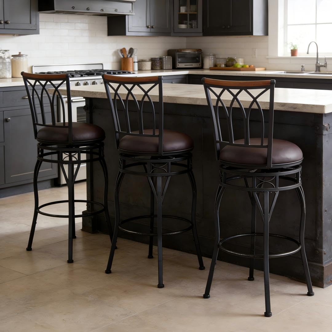 MIITODAY Farmhouse Swivel Bar Stools with Backs Set of 2, Adjustable 25"/30" Industrial Counter & Bar Chairs with Brown PU Leather, Antique Brass Metal, Vintage Rustic Wood for Kitchen, Pub, Bistro