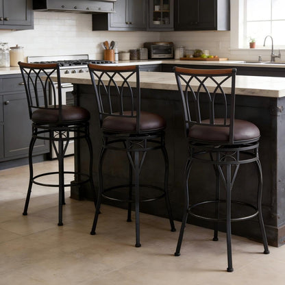 MIITODAY Farmhouse Swivel Bar Stools with Backs Set of 2, Adjustable 25"/30" Industrial Counter & Bar Chairs with Brown PU Leather, Antique Brass Metal, Vintage Rustic Wood for Kitchen, Pub, Bistro