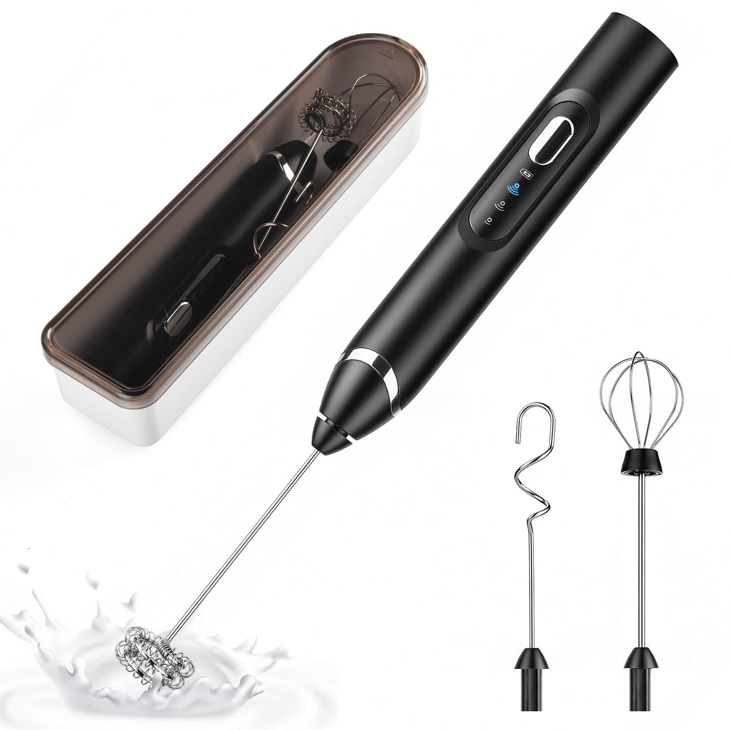 Nuthceia Handheld Milk Frother with Travel Case - Portable USB Rechargeable Mini Whisk for Coffee, Latte. Includes 3 whisks, storage, perfect for frothing milk, beating eggs, and blending drinks.