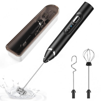 Nuthceia Handheld Milk Frother with Travel Case - Portable USB Rechargeable Mini Whisk for Coffee, Latte. Includes 3 whisks, storage, perfect for frothing milk, beating eggs, and blending drinks.