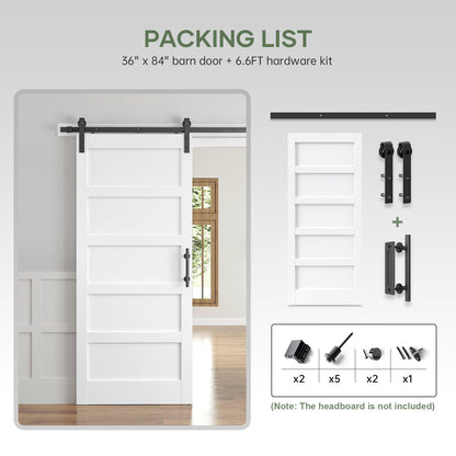 ROYMELO 36x84 Inch White Sliding Barn Door Slab with 6.6ft Hardware Kit Included, 5-Panel, MDF Wood Panel Covered with Water-Proof Scratch-Proof PVC Surface, Simple DIY Assembly