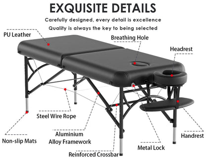 CLORIS 84" Professional Massage Table Portable 2 Folding Lightweight Facial Salon Spa Tattoo Bed Height Adjustable with Carrying Bag & Aluminium Leg Hold Up to 1100LBS Black Widen