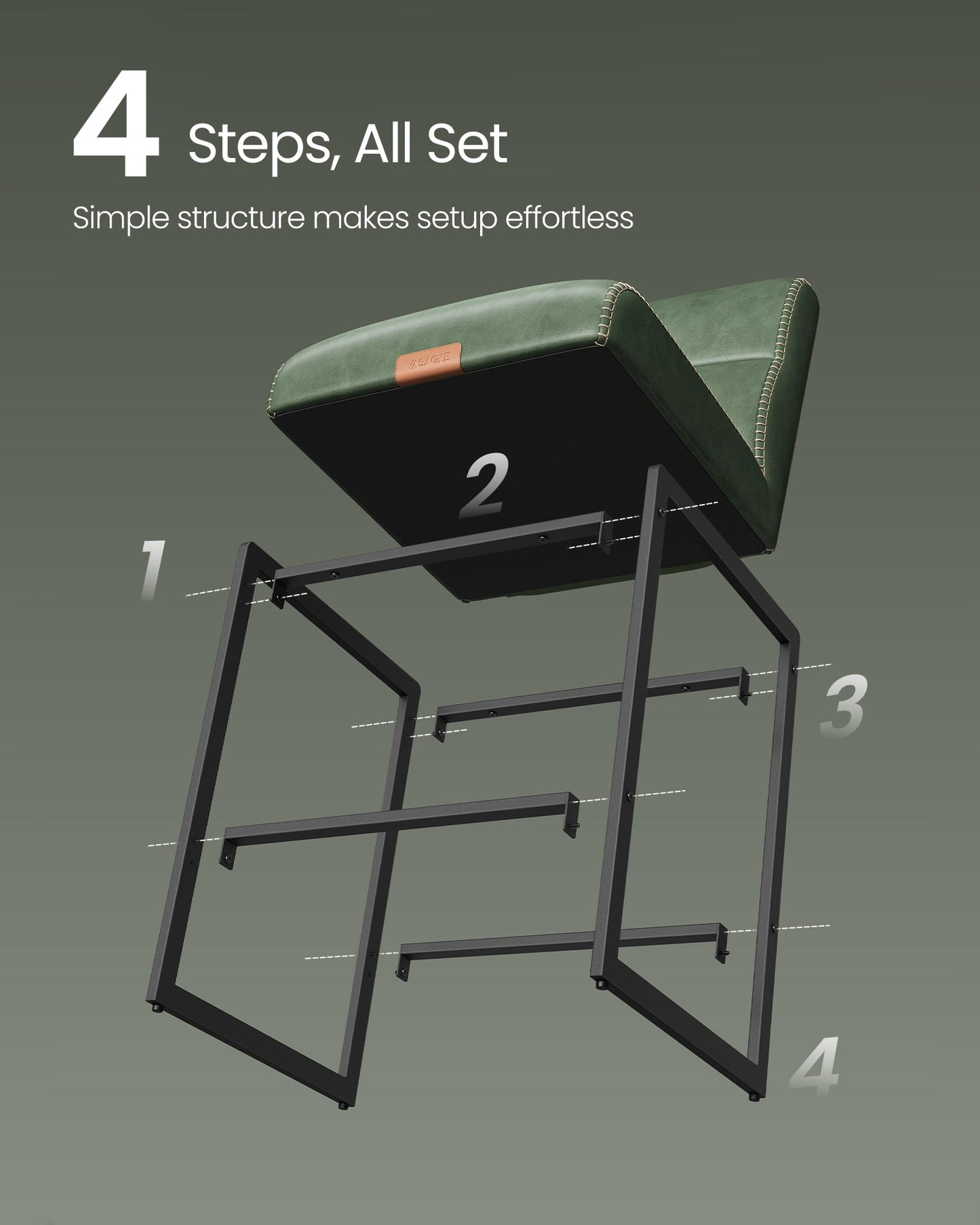 VASAGLE EKHO Collection - Bar Stools Set of 4, Counter Height Stools with Backs, 26.4-Inch Barstools Chairs, Synthetic Leather with Stitching, Mid-Century Modern, Dining Kitchen Island, Forest Green