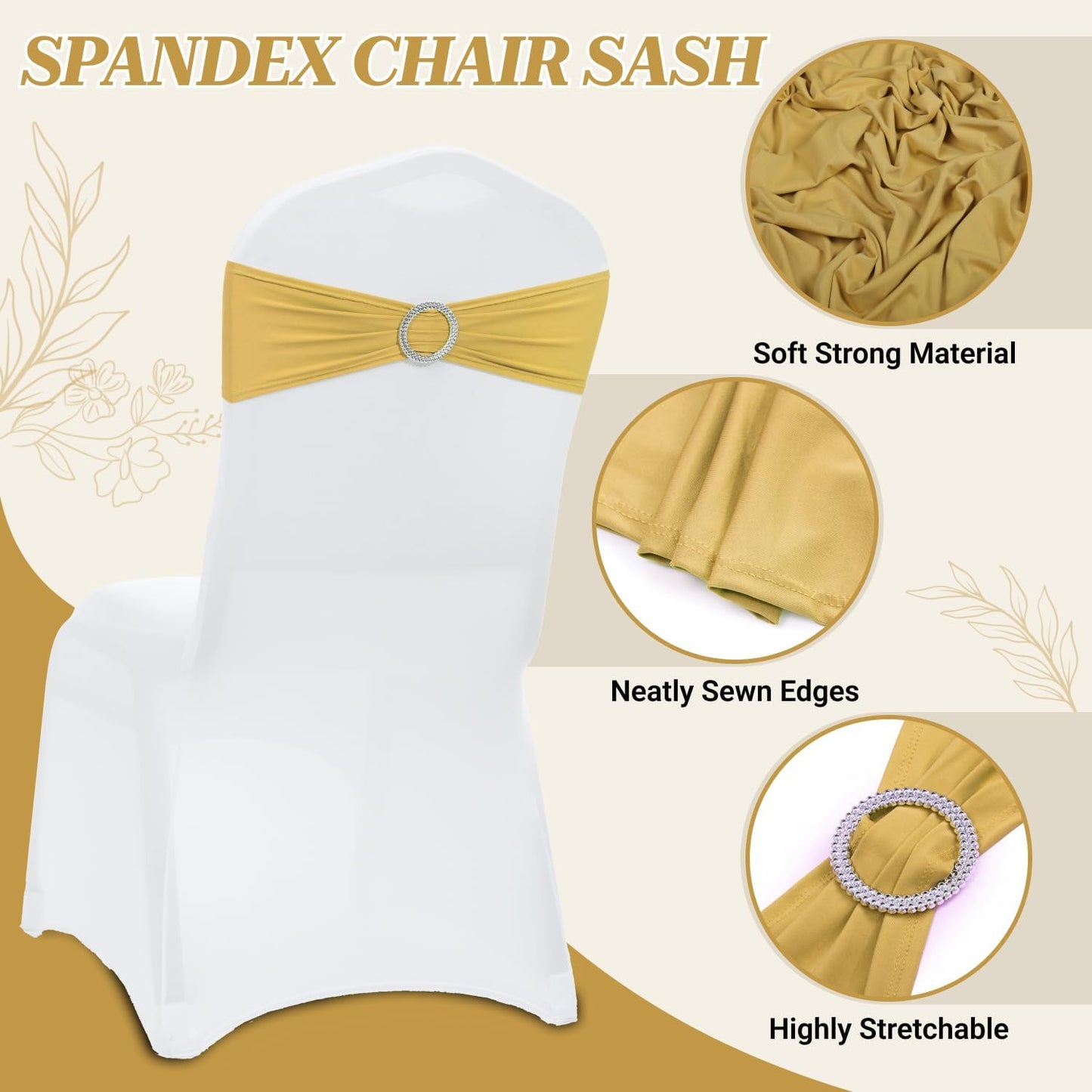 MDS Spandex Chair Sashes - Premium Stretch Covers with Buckle Slider for Weddings & Events | Gold, Pack of 50