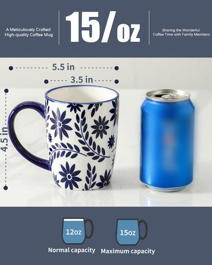 HASENSE Coffee Mugs Set of 6, 15OZ Ceramic Coffee Mugs with Blue and White Floral Patterns, Elegant Large Coffee Cups for Coffee, Tea, Latte & Cappuccino, Microwave & Dishwasher Safe, Vintage Blue
