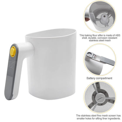 Electric Flour Sifter, Handheld Battery Operated Stainless Steel Mesh Shaker, Fine Mesh Cup Shape Powder Shaker Strainer Kitchen Cooking Baking Pastry Tools 4 Cup/1L Capacity