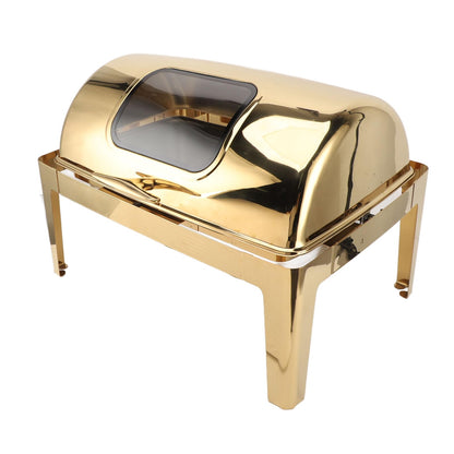 Qiilu Premium Buffet Chafing Dish Stainless Steel Chafer 9L Buffet Catering Food Warmer with Transparent Glass Lid and HighQuality Heating Method (Plated Gold)