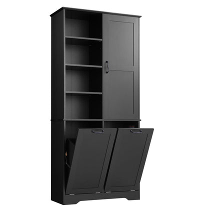 Tall Storage Cabinet with Door and Open Shelf, Multi-Functional Laundry Hamper Basket for Home Bathroom, Laundry Room, Black