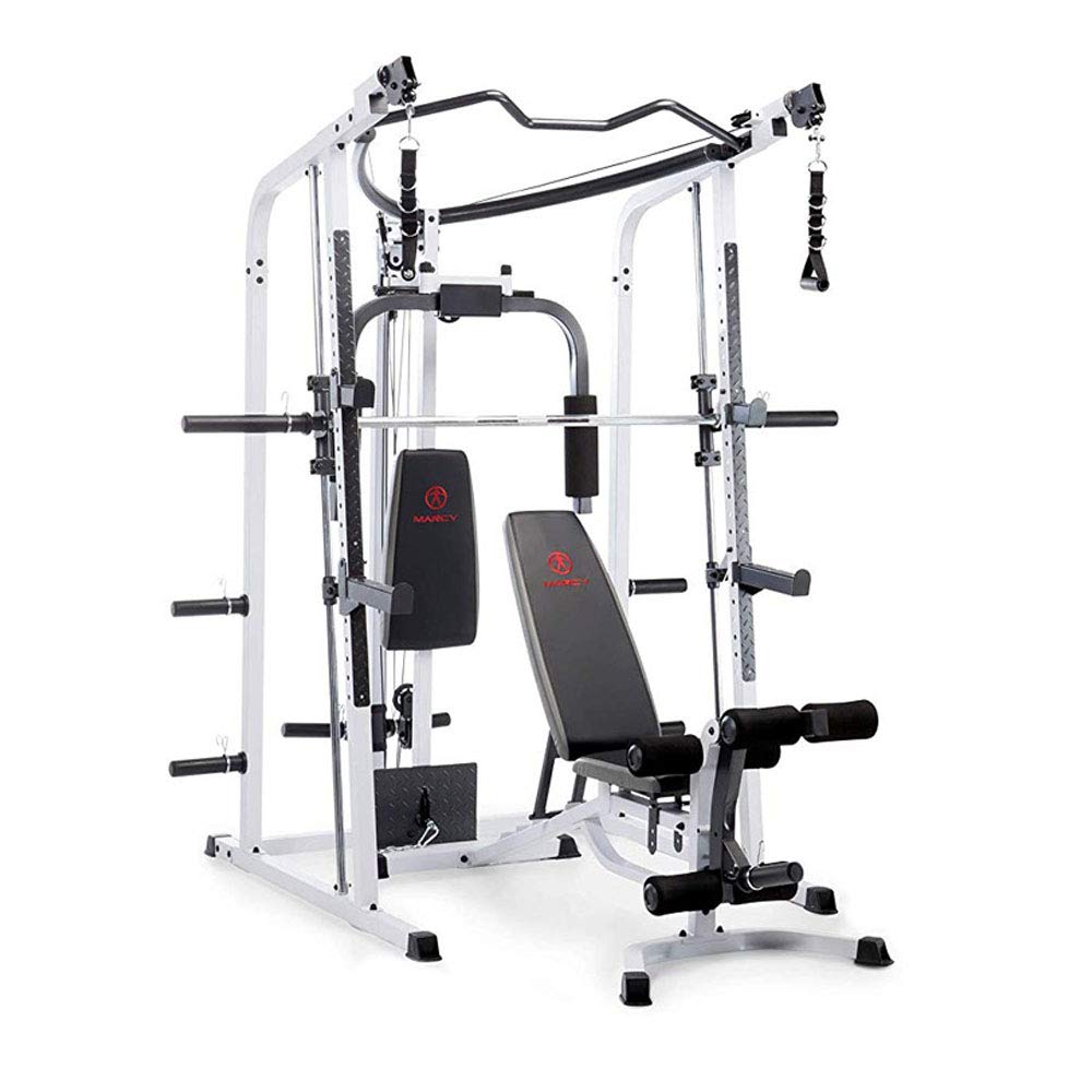 Marcy Pro Smith Cage Workout Machine Full Body Training Home Gym Equipment System with Leg Developer, Press Bar, PEC Deck, and Squat Rack, White