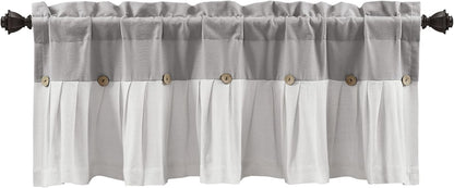 Lush Decor Linen Button Farmhouse Valance - 52" W x 18" L, Gray & White, Rustic Kitchen Curtains with Coconut Husk