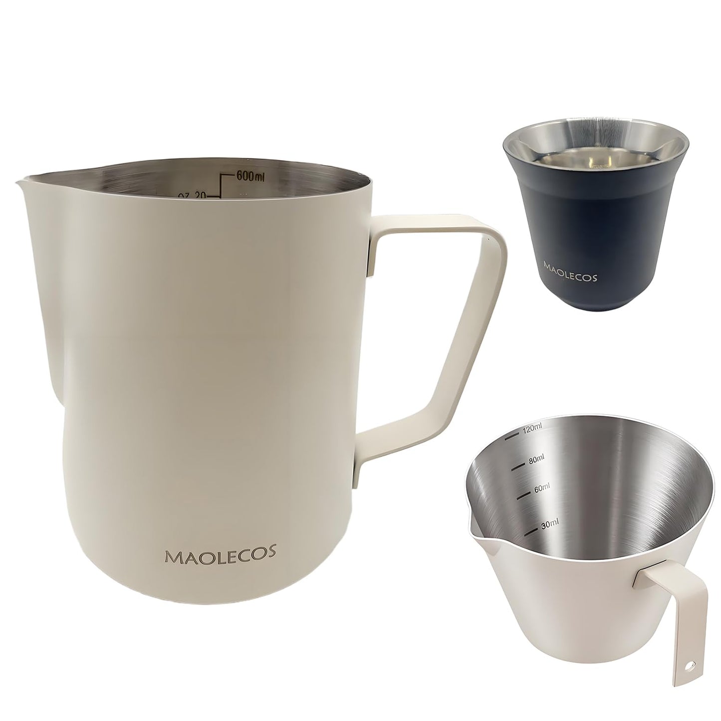 MAOLECOS Milk Frothing Pitcher - 20 OZ Metal Milk Frother Pitcher Jug Stainless Steel Steaming Pitcher, Espresso Measuring Cups with Handle Scale, Stainless Steel Espresso Cups Kit for Coffee maker