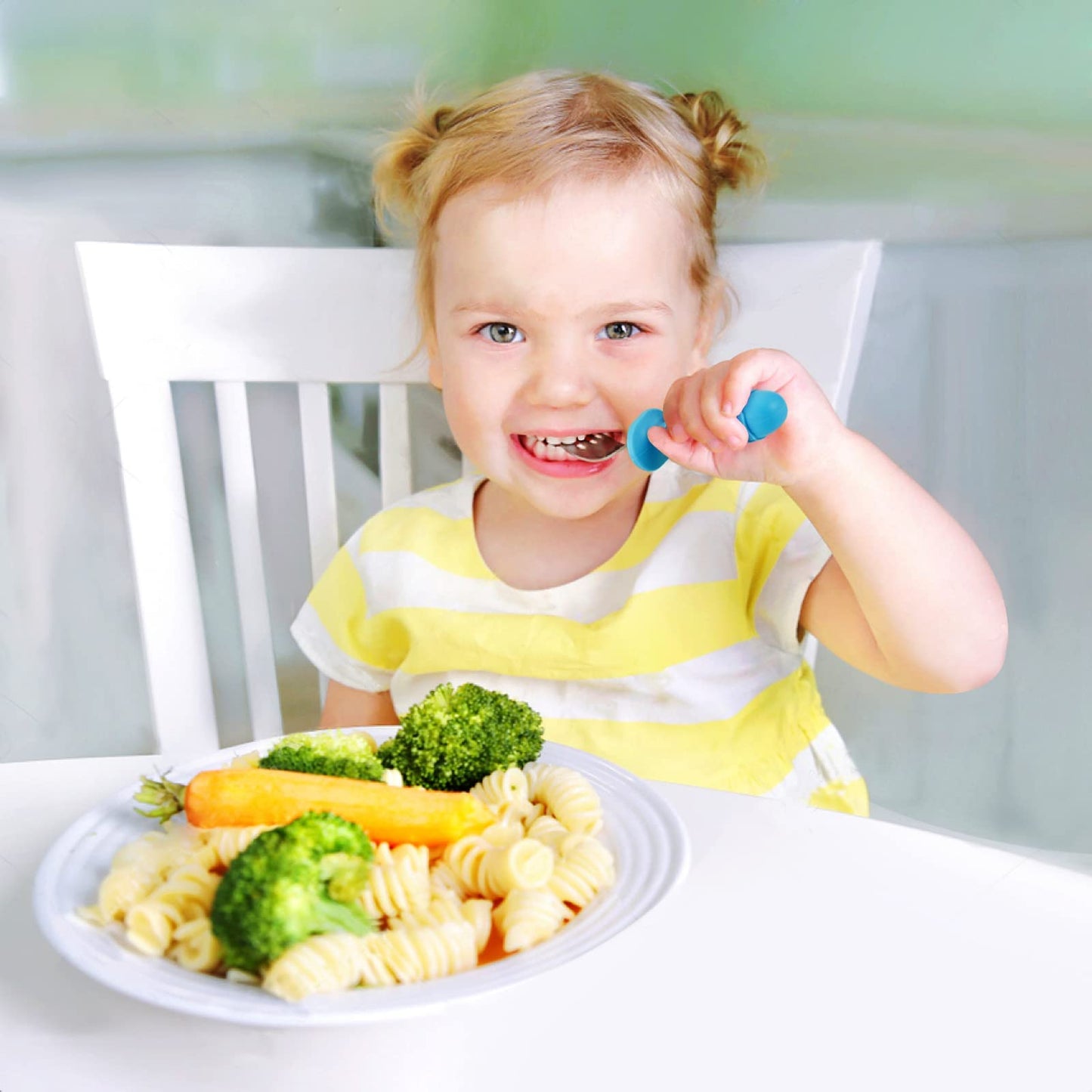 PandaEar 6 Pieces Baby Toddler Silicone Stainless Steel Utensils Silverware Spoon Fork for Baby Toddler BPA Free with Silicone Holding Anti-Choke Design (Blue Pink White)