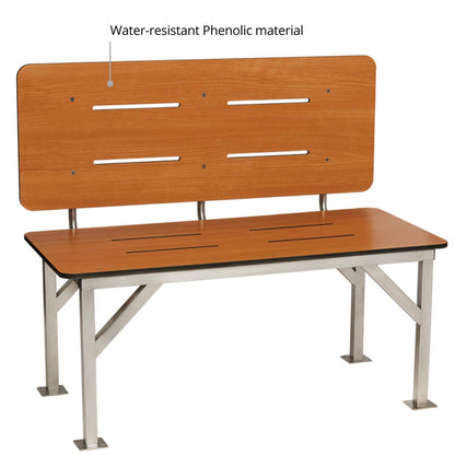 Seachrome Stationary Shower Bench with Back Rest, ADA, Solid Teak Phenolic