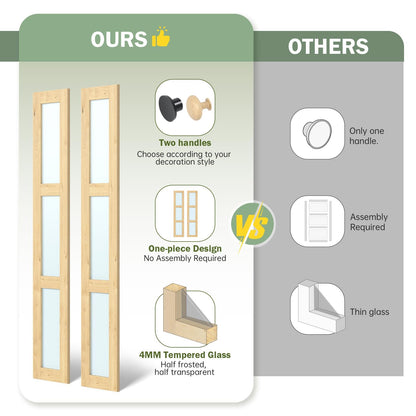 Roymelo Bifold Doors for 36"×80" Opening, Sliding Interior Tempered Frosted Glass Closet Folding Barn Door with Concealed Hardware Kit Included, 3-Panel Frosted Glass, Preassembled Door, DIY staining