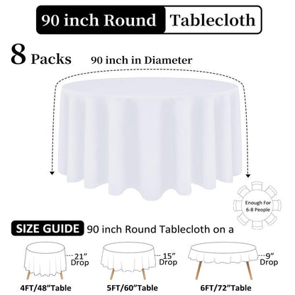 Heneger 8 Pack White Round Tablecloth 90 Inch White Table Cloth Stain and Wrinkle Resistant Reusable and Washable Polyester Fabric Table Covers for Buffet Wedding Party and Banquet