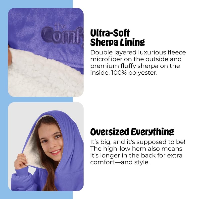 THE COMFY Original Jr | From Shark Tank | Patented | Kids Oversized Sherpa Wearable Blanket Hoodie | Gift for Boys & Girls | One Size