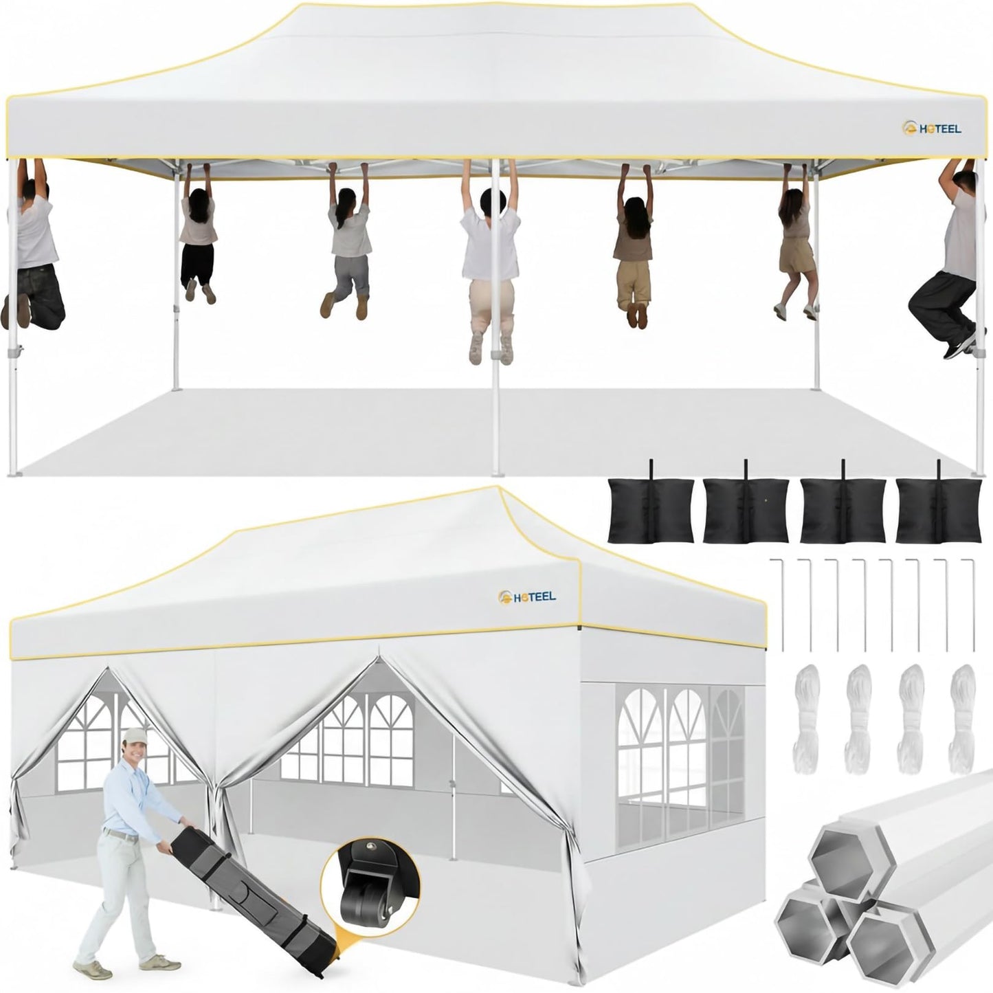 Hoteel 10x20 Pop Up Canopy Tent Heavy Duty with 6 Sidewalls, Waterproof Party Tent, Easy Set-up Commercial Instant Tents with Roller Bag & Sandbags, Hexagonal Leg (1-Year Warranty)