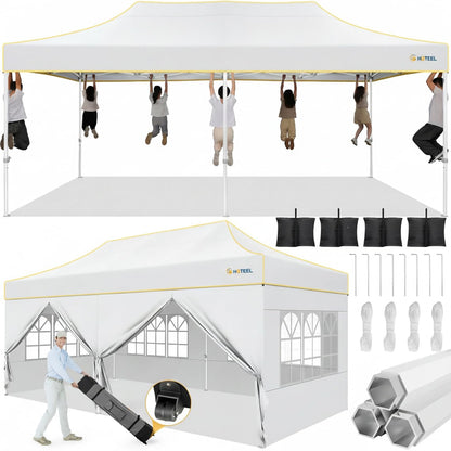 Hoteel 10x20 Pop Up Canopy Tent Heavy Duty with 6 Sidewalls, Waterproof Party Tent, Easy Set-up Commercial Instant Tents with Roller Bag & Sandbags, Hexagonal Leg (1-Year Warranty)