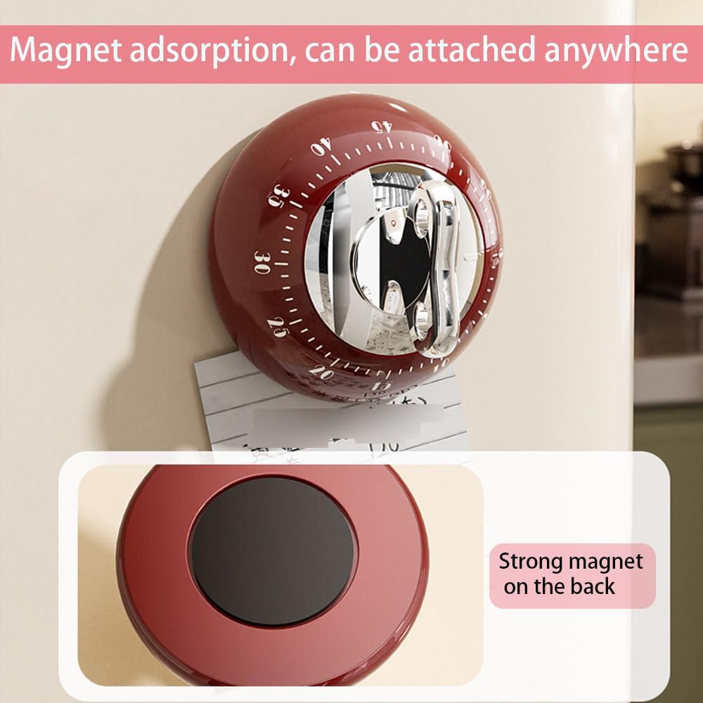 Retro Mechanical Kitchen Timer, Red, 60-Minute Countdown with Magnetic Back, Wind-Up Design, Loud Alarm for Cooking, Home Use (red and Plastic Material)