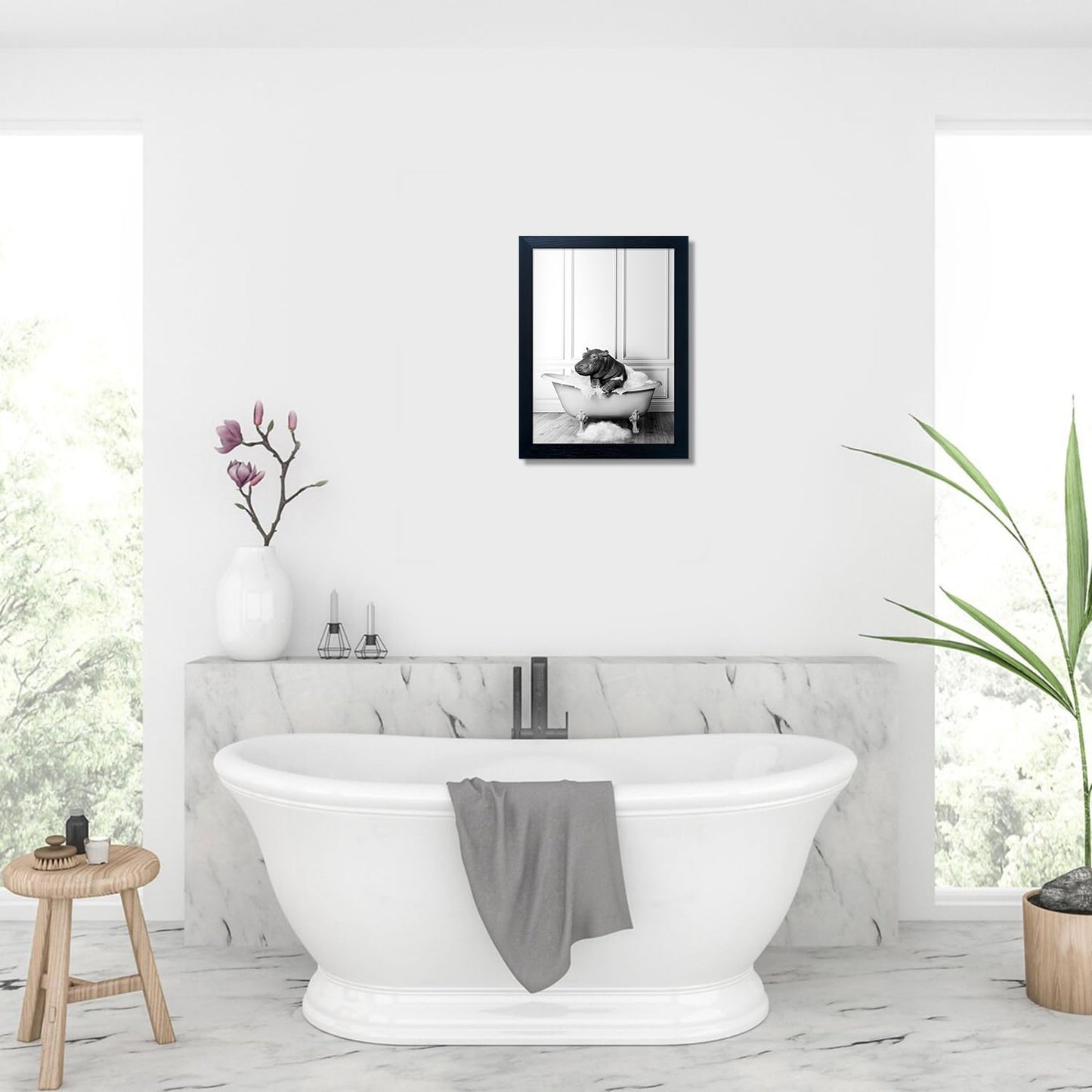 Bathroom Picture Wall Decor, Framed Black and White Bathroom Wall Art, Toilet Paper in Little Funny Raccoon's Hand Animal Canvas Print Painting