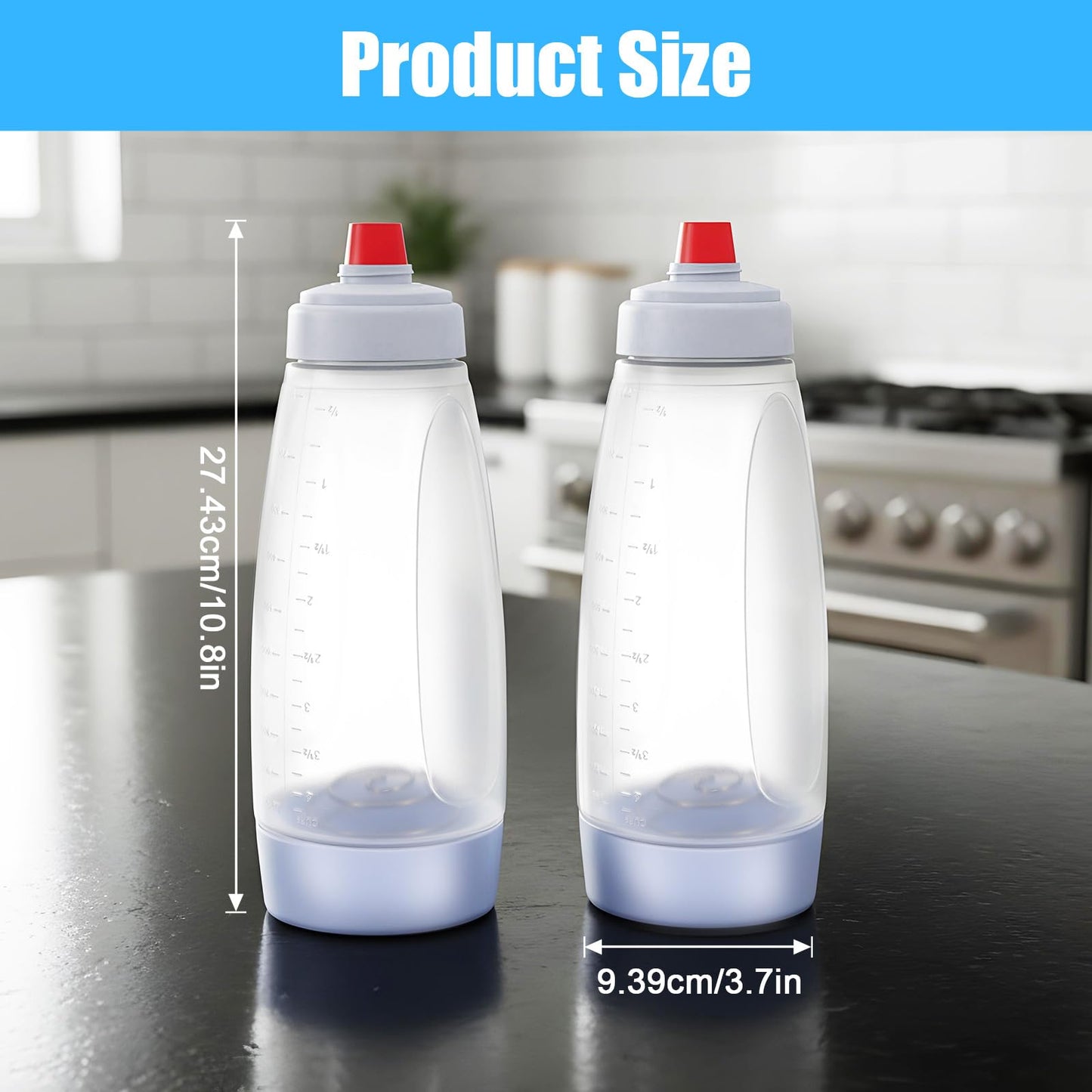 2-Pack Pancake Batter Dispenser and Mixer Bottles with Whisk Balls, 1000ml Large Capacity Squeeze Bottle for Pancakes, Cupcakes, Muffins, Crepes - Dishwasher Safe Baking Tool