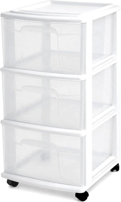 HOMZ 3-Tier Rolling Storage Cart - White Frame with Clear Bin Drawers for Home & Office Organization