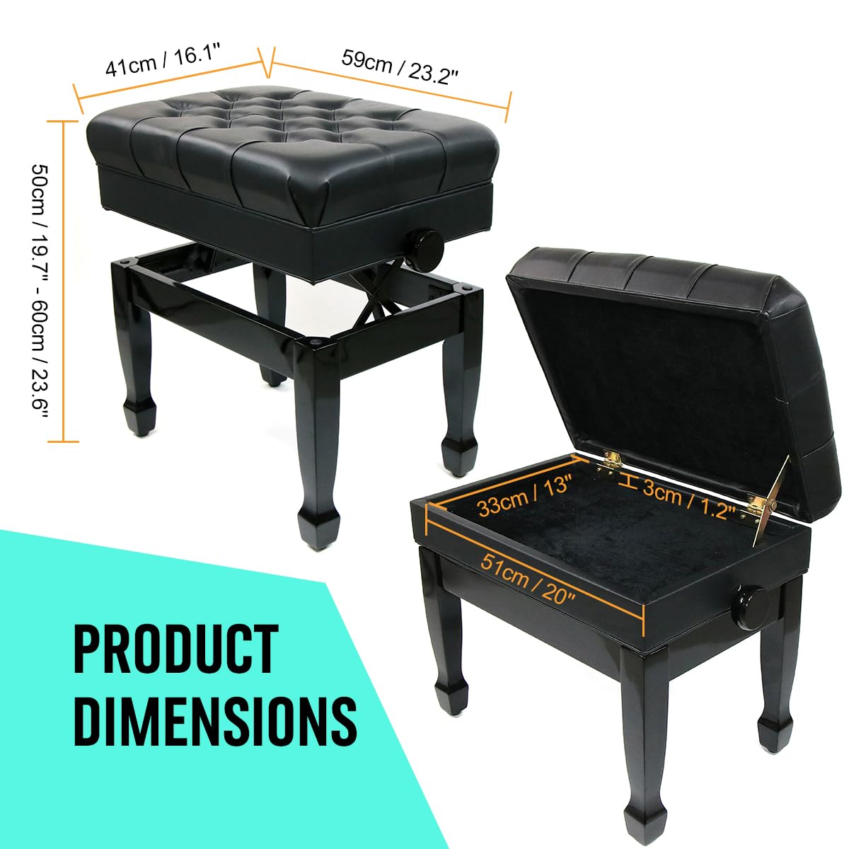 FILISITE Genuine Leather Adjustable Piano Bench with Storage Compartment, Heavy Duty Solid Wooden Keyboard Stool with Padded Cushion Seat (Black)