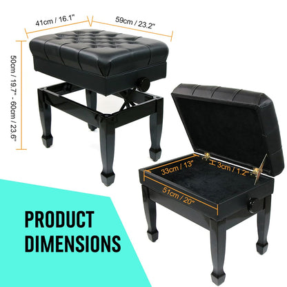 FILISITE Genuine Leather Adjustable Piano Bench with Storage Compartment, Heavy Duty Solid Wooden Keyboard Stool with Padded Cushion Seat (Black)