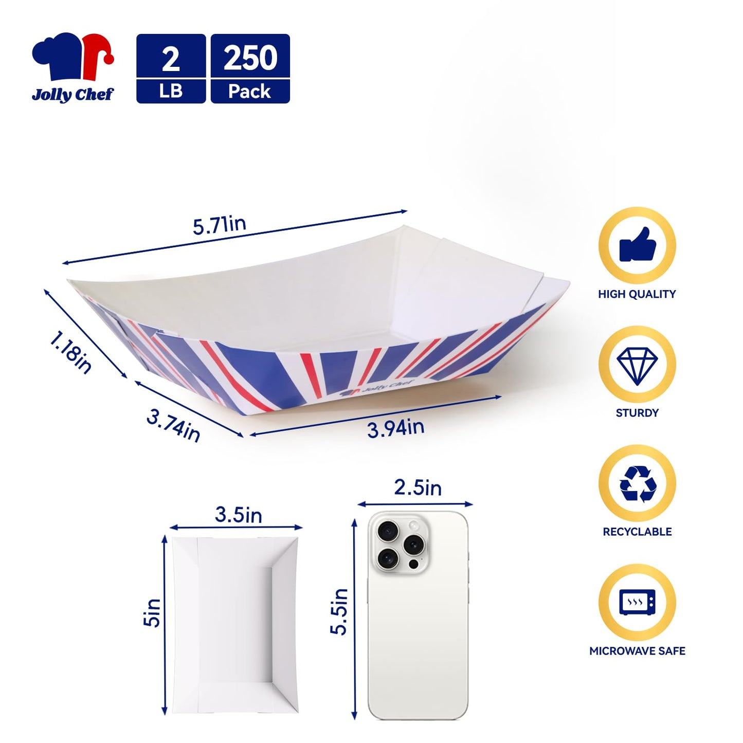 JOLLY CHEF 2lb Paper Food Trays, 250 Pack Paper Food Boats Disposable Serving Boats for Gameday,Food Holder Trays for Snacks French Fries Nachos Hot Dog Tacos BBQ Party