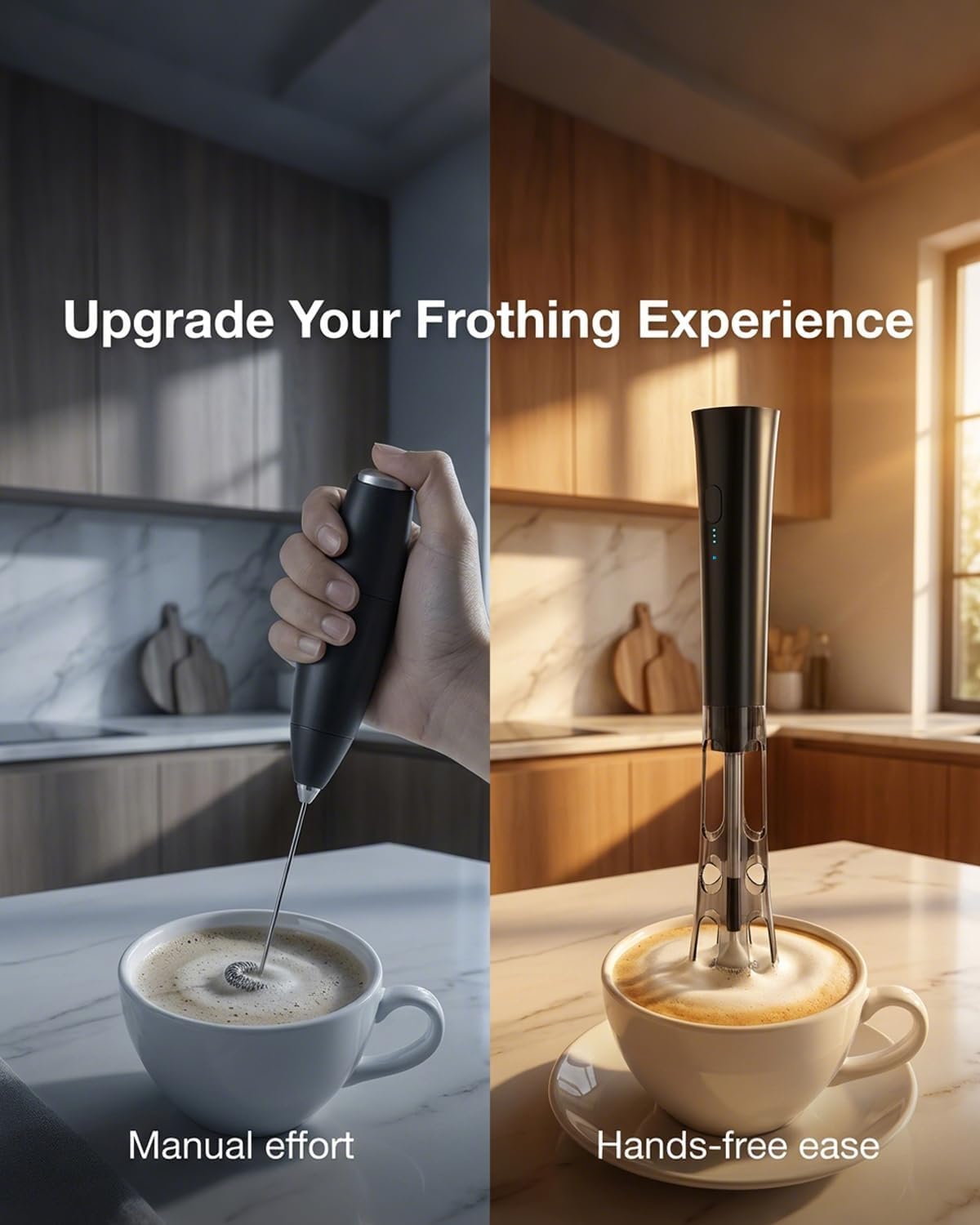 Milk Frother Handheld, Low Noise Rechargeable Frother Wand with Stand, Stainless Steel Shaft for Stability Stirrers Electric, Anti-Accidental Start Design, Coffee Mixer with 2 Double Coil Whisks