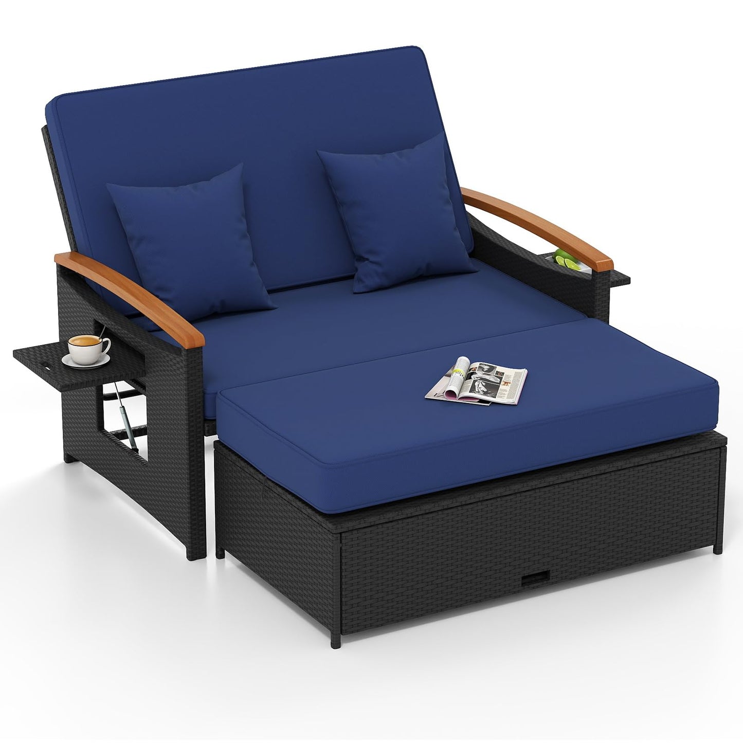Tangkula Patio Rattan Daybed with 4-Level Adjustable Backrest, Outdoor Wicker Loveseat with Acacia Wood Armrest, Storage Ottoman & Folding Tray, Double Sunbed for Yard & Poolside (Navy & Black)