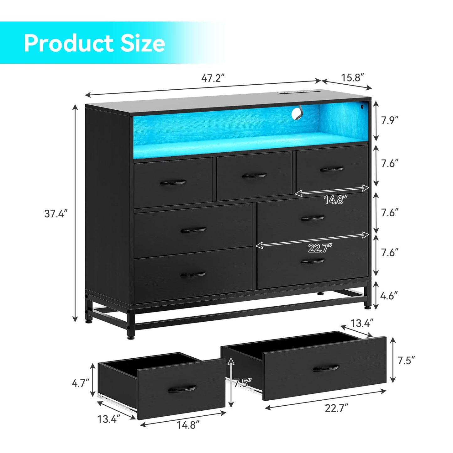 IDEALHOUSE Black 7-Drawer Dresser for Bedroom – Modern Long Dresser with Charging Station & LED Lights, Wooden Large Capacity Storage Chest, Wide Dresser for Living Room & Hallway