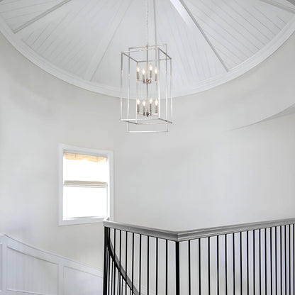 QAREHL High Ceiling Chandeliers for Foyer Brushed Nickel Chandelier for Entryway Modern Farmhouse 15.74’’ in Metal 8 Light Lantern Tiered Pendant Light for Dining Room Kitchen Island Hallway Stairway
