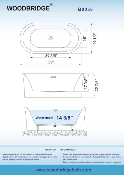 WOODBRIDGE 59" Acrylic Freestanding Bathtub Contemporary Soaking Tub with Matte Black Overflow and Drain,White Tub,B0058-MB