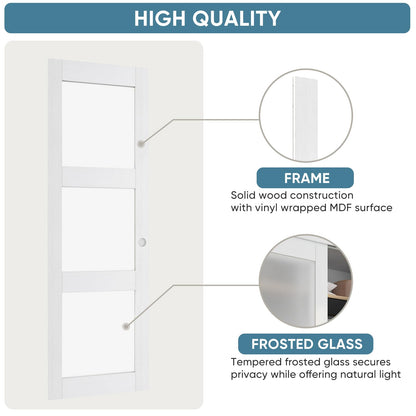 JUBEST Sliding Closet Door 60"(Double 31") x 80", 3-Lite Frosted Glass Bypass Door with Hardware Kit & Matching Fascia, Pre-Drilled Solid Wood Slab with Water-Proof PVC Surface, Easy to Install, White