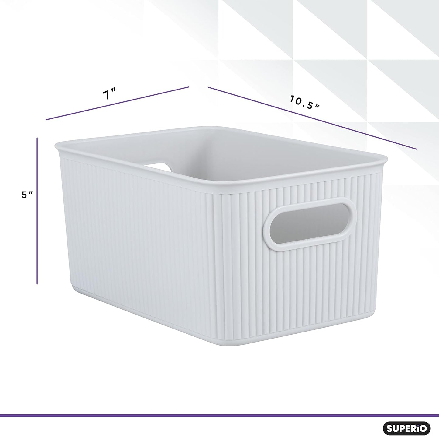 Superio Ribbed Collection - Medium Decorative Plastic Open Home Storage Bins Organizer Baskets, White Smoke (4 Pack)
