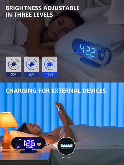 Projection Alarm Clock 2024 with 180° Rotatable Projector for Bedroom Ceiling, Clear LED Display and USB Charger
