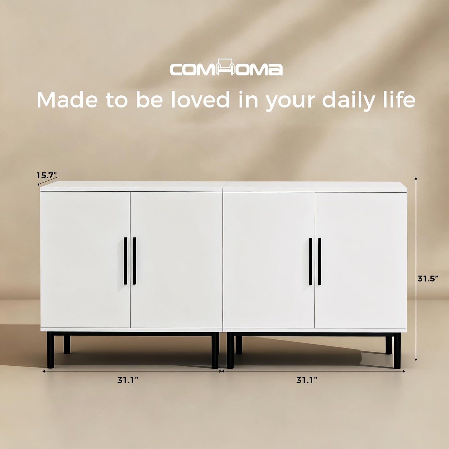 COMHOMA Sideboard Buffet Cabinet with Storage, Modern Wood Versatile Coffee Bar Console Table for Living Room Kitchen, Dining Room, Hallway，White-2 Pack