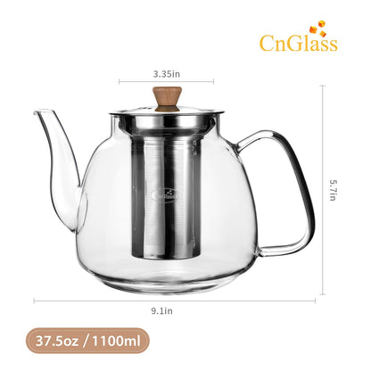 CNGLASS Glass Teapot with Infuser(37.5oz),Clear Tea Kettle with Removable Stainless Steel Strainer,Stovetop Safe Glass Teapot for Blooming and Loose Leaf Tea