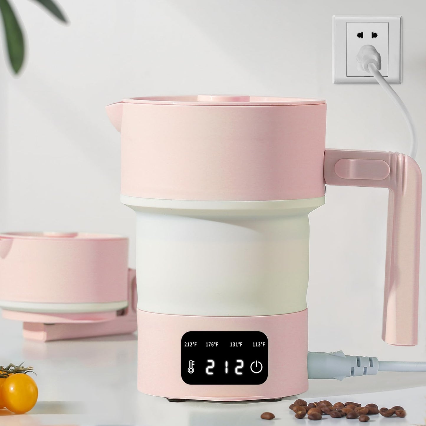 UPEZAN Travel Electric Kettle-Collapsible Portable Electric Kettle, 600W Foldable Small Water Boiler with 4-Temp Presets, Food Grade Silicone for Hotel, Office, Camping (Pink, 600mL)