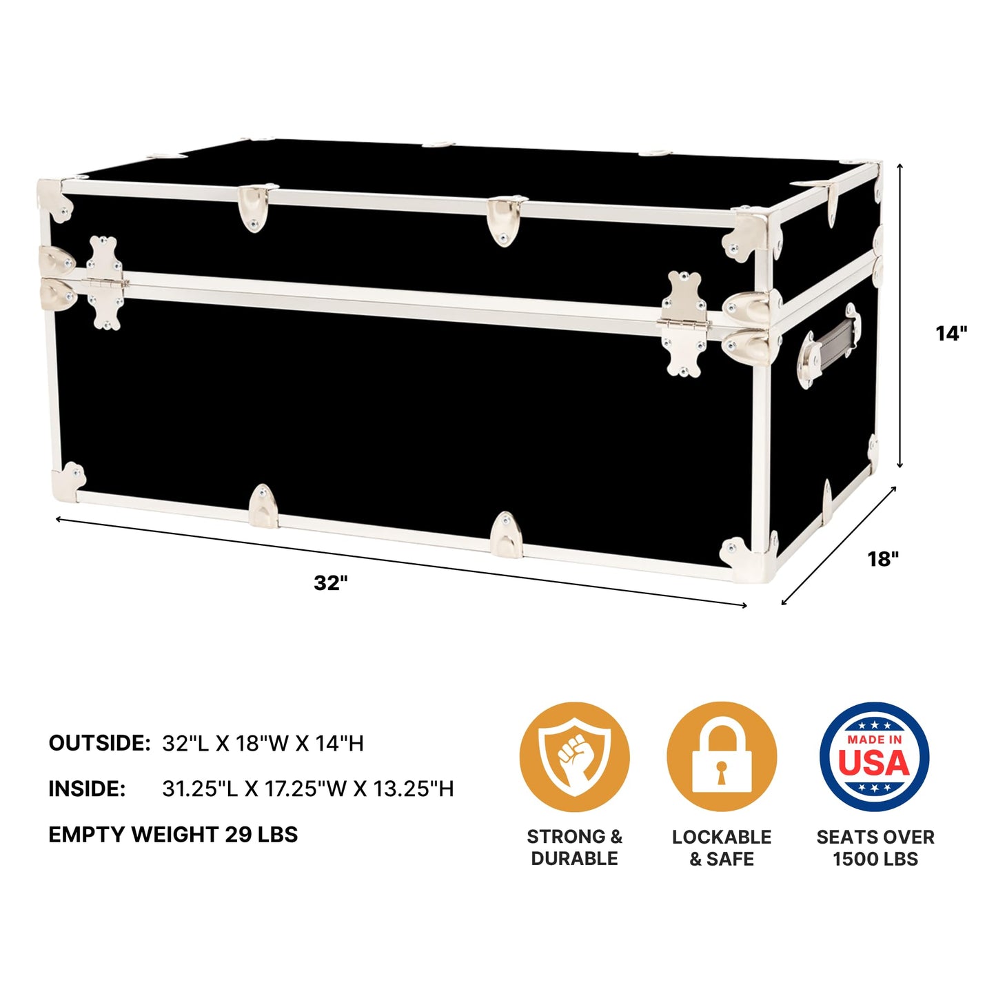 Rhino Trunk & Case Aromatic Cedar Chest - Large 32"x18"x14" Storage Box, Coffee Table, End of Bed Trunk, or Entryway Storage Bench – USA-Made, Furniture Grade – Strong and Secure Clothing Storage