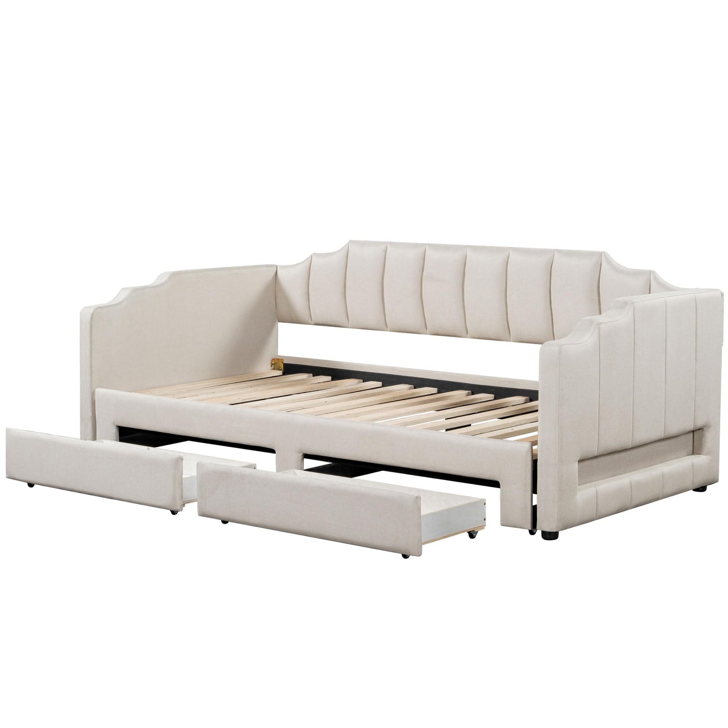 Bellemave Twin XL Size Daybed Frame with Pop up Trundle,Upholstered Day Bed with Two Storage Drawers and LED Light,Twin XL to King Daybed,Beige