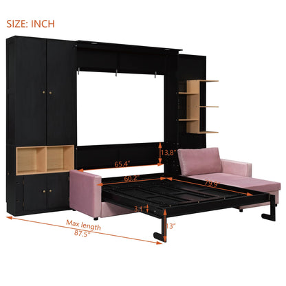DNYN Queen Size Murphy Bed with Large Sofa and Storage Shelves for Bedroom/Guest/Study Room, Space-Saving Wooden Foldable Wall Bed Frame with Dual LED and Cabinets, No Box Spring Needed