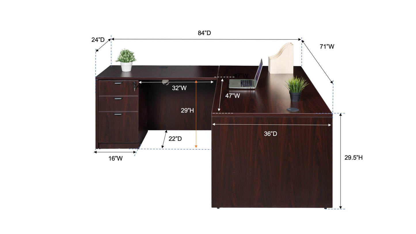 Boss Office Products Holland 71" Executive L-Shape Corner Desk with File Storage Pedestal, Mocha