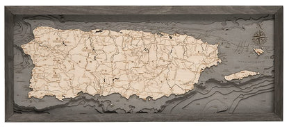 Puerto Rico 3-D Nautical Wood Chart, Grey Frame, 13.5" x 31"