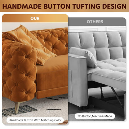 KEIKI 97.7" Convertible Sleeper Sofa Bed, 3 in 1 Pull Out Sofa Bed, 4-Seater Button Tufted Couch with Movable Ottoman for Living Room, Bedroom, Apartment, Orange