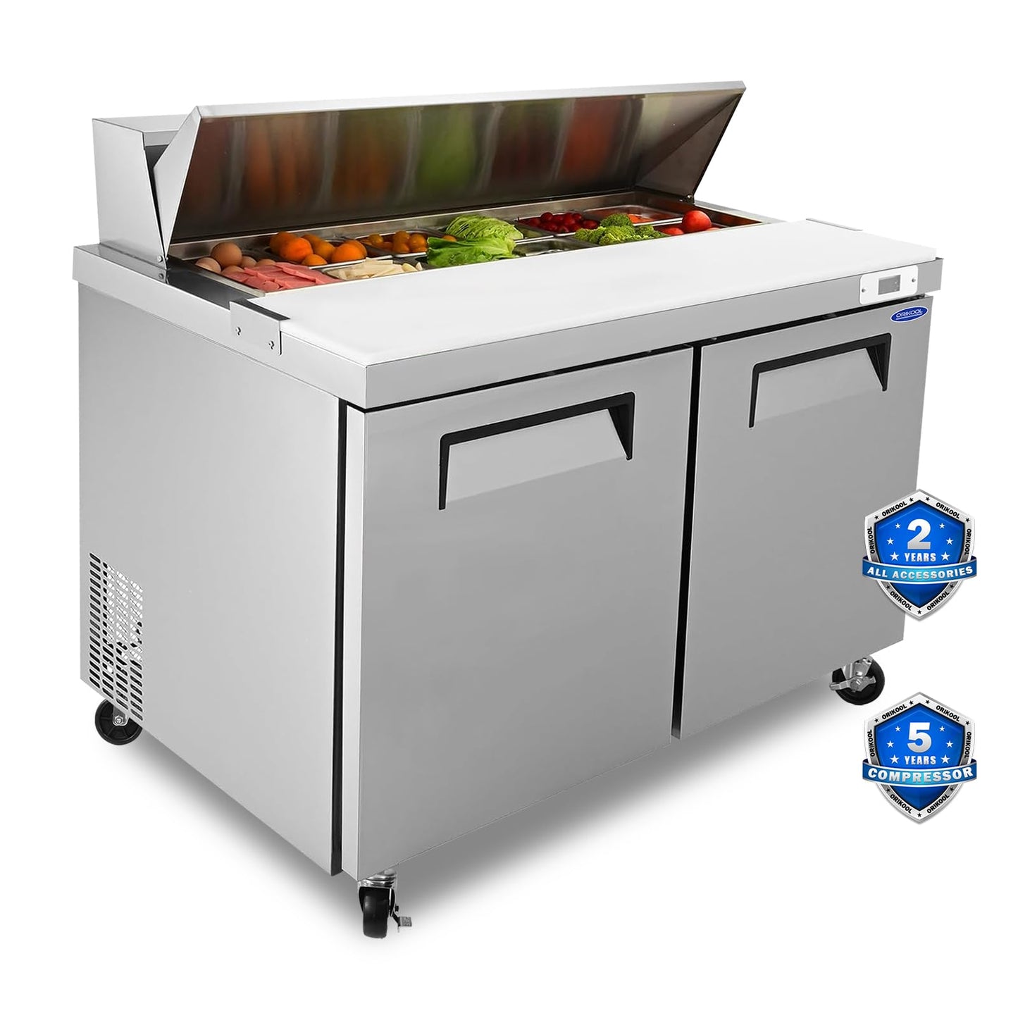 ORIKOOL 48" Commercial Sandwich Prep Table Refrigerator - 2 Door Stainless Steel Fright, 14 Cu.Ft Capacity, Low Noise, Adjustable Shelves, Auto Defrost, Digital Temp Control