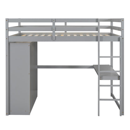 Full Size Loft Bed Frame with Built-in Wardrobe, Desk, Storage Shelves and Drawers, Wood Slat Support