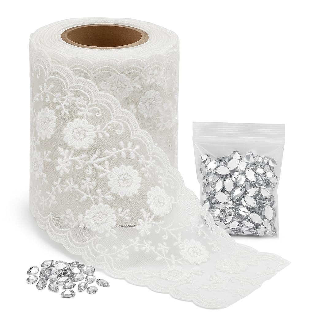 5 Yards White Floral Lace Trim with 25g Rhinestones, Bridal Applique Sewing Kit for Wedding Dress, Veil, Gift Box & DIY Crafts (Ivory)